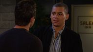 JJ (Casey Moss) wasn’t sure what to make of Theo’s (Tyler Joseph Andrews) return to Salem. \Image: Peacock